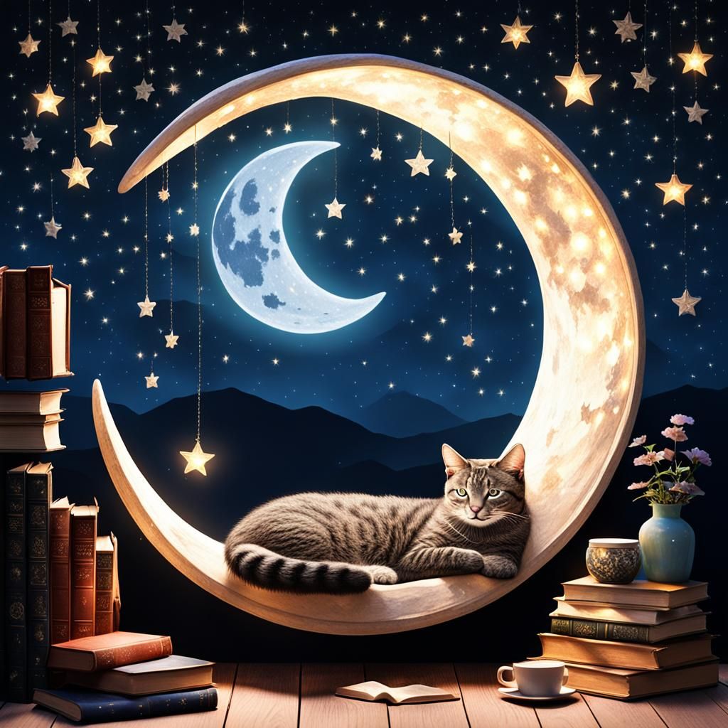 Cozy Lunar Reading Nook with Cat