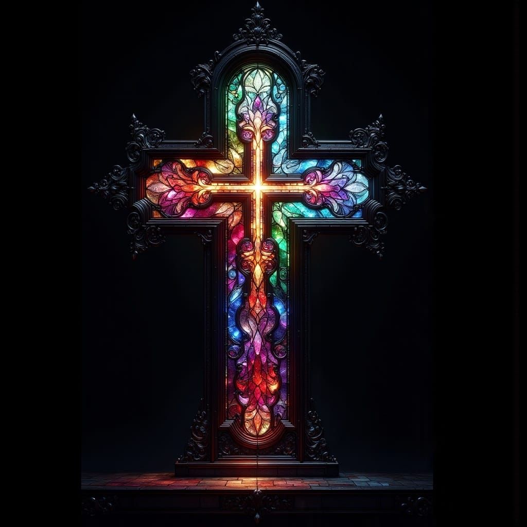 Stained Glass Cross Silhouette in Vivid Colors