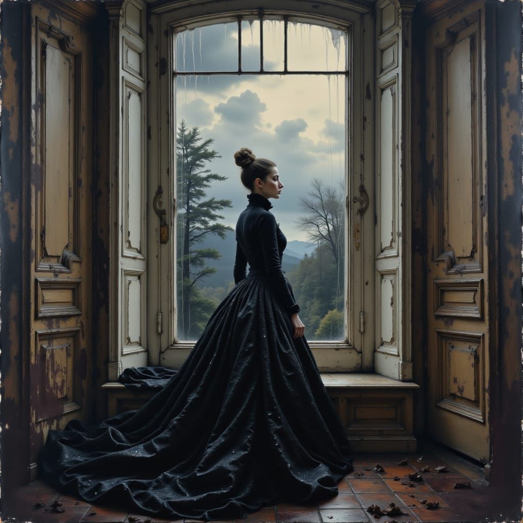 Victorian Woman Gazes from Decaying Manor Window