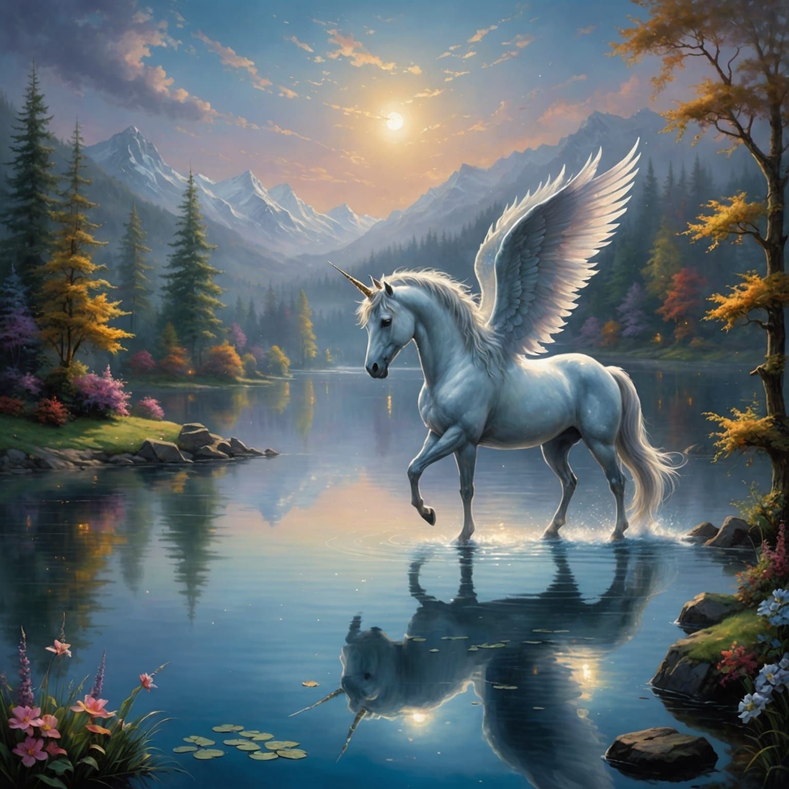 Moonlit Unicorn Gazing at Reflection: Ethereal Fantasy