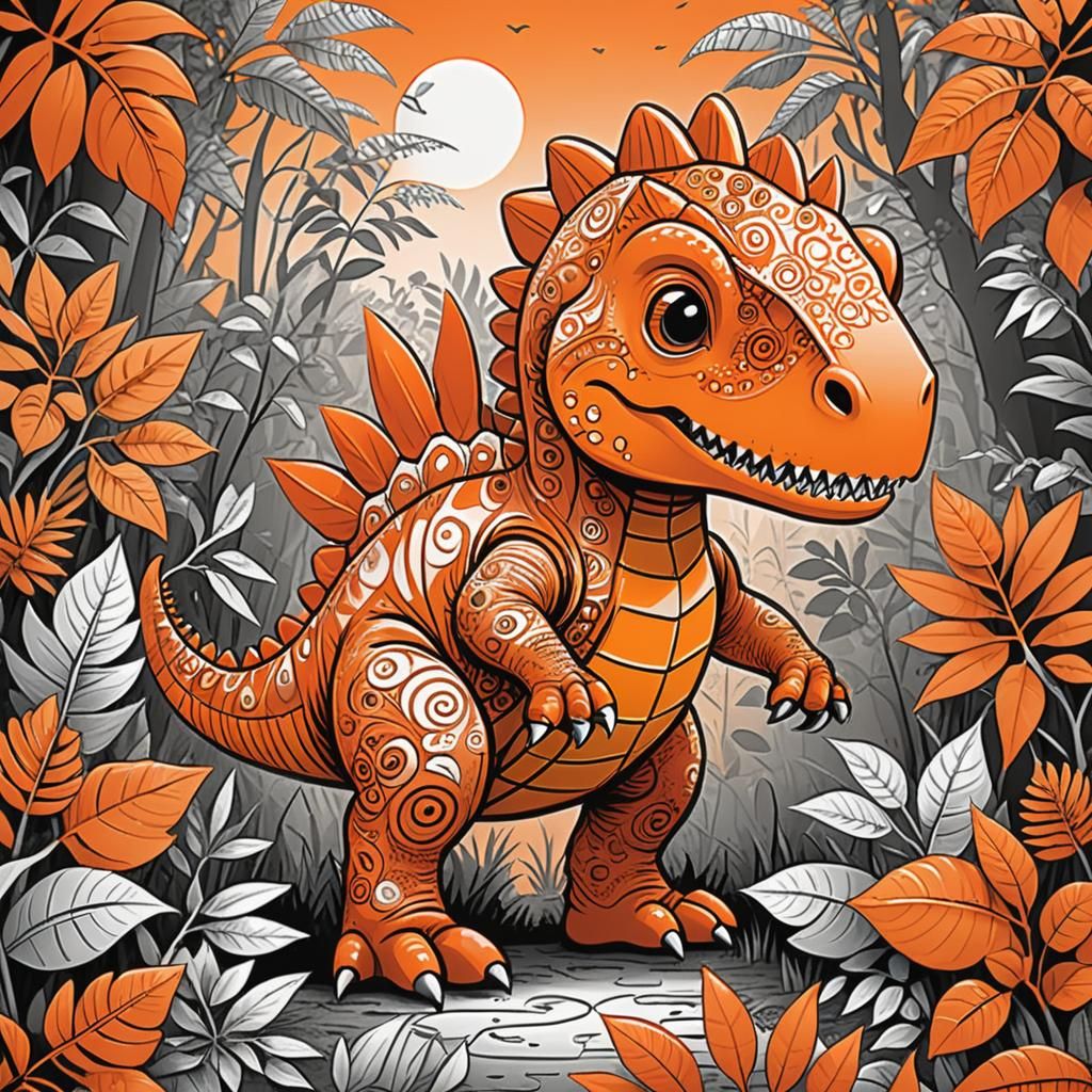 Adorable Orange Tyrannosaurus in Zentangle Style