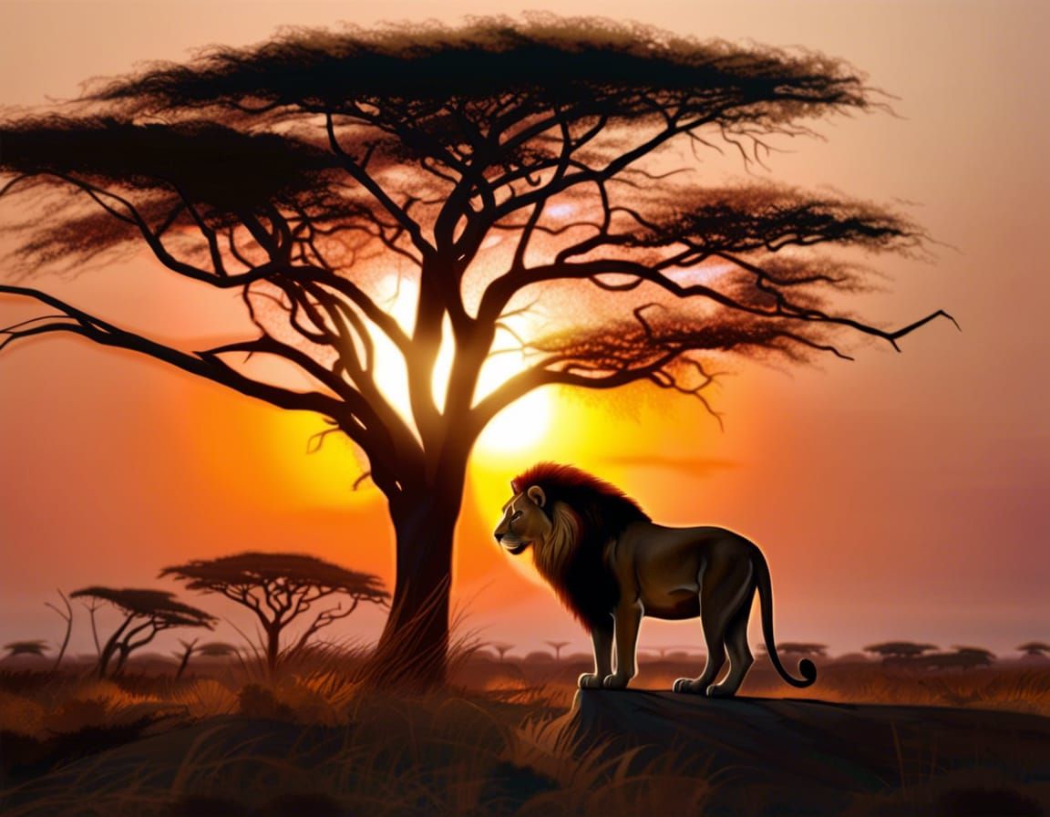 Lion in African Sunset: Hyperrealistic Splash Art