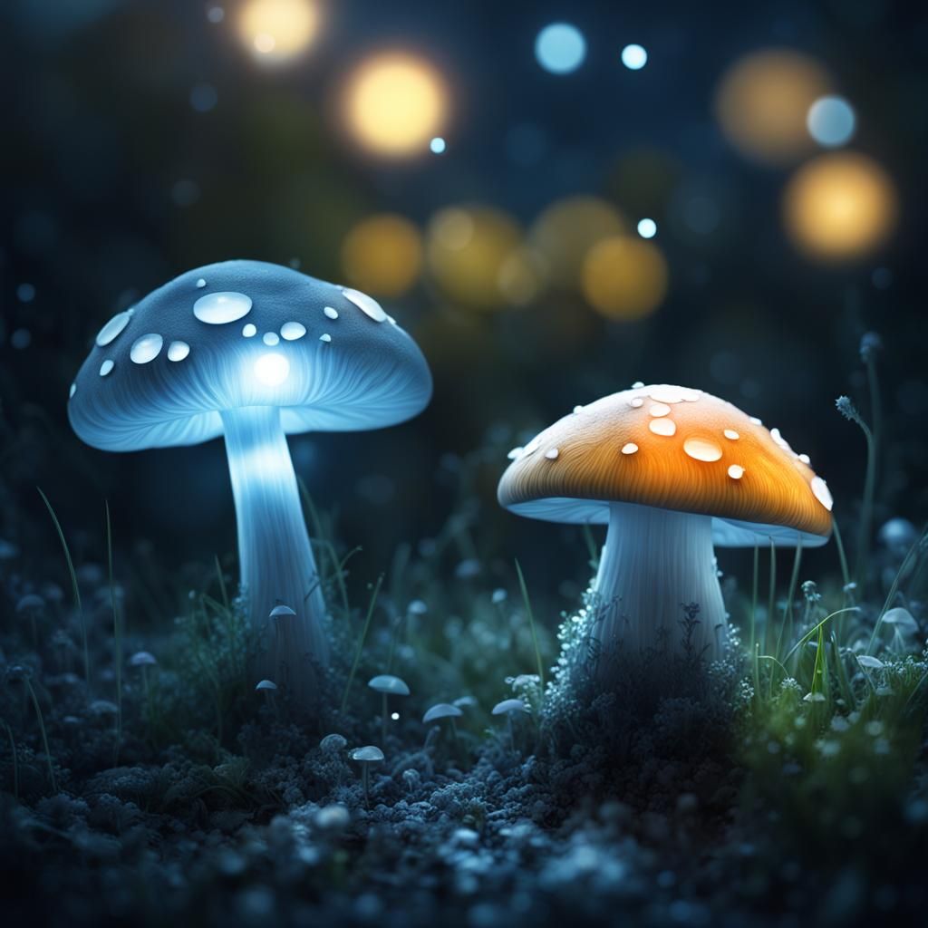 Glowing Mushroom Double Exposure in Silver Illustration