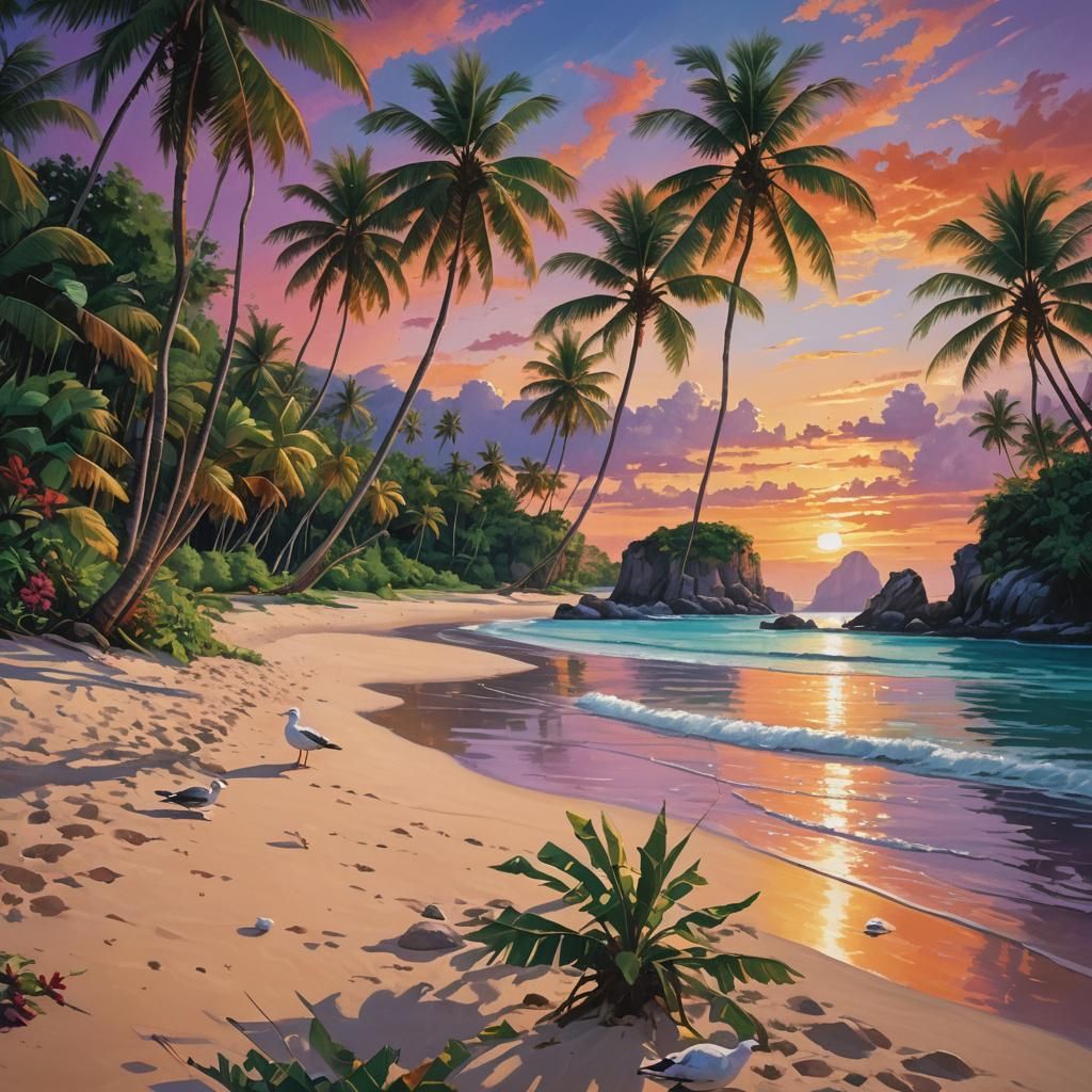 Tropical Beach Sunset with Cliff Rocks: Fantasy Art