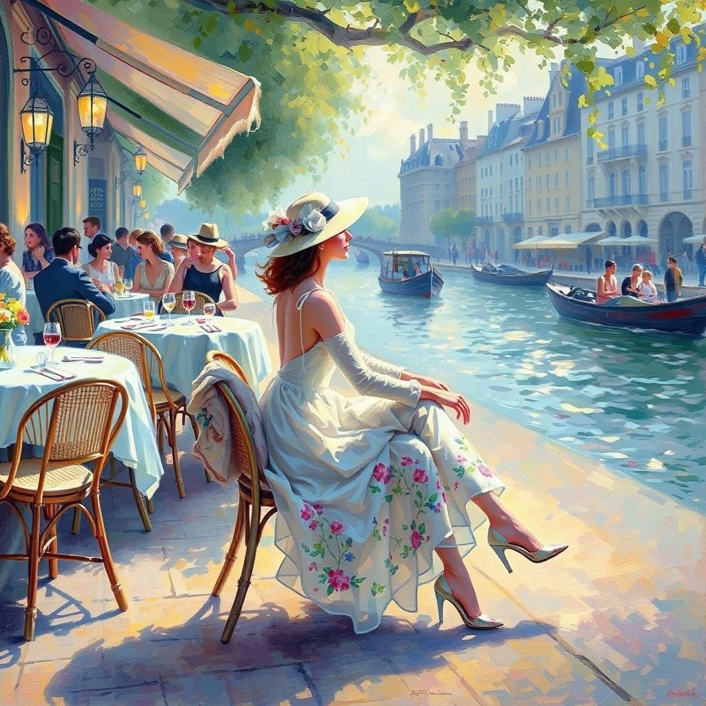 Impressionist painting, stunning woman, sitting on the terra...