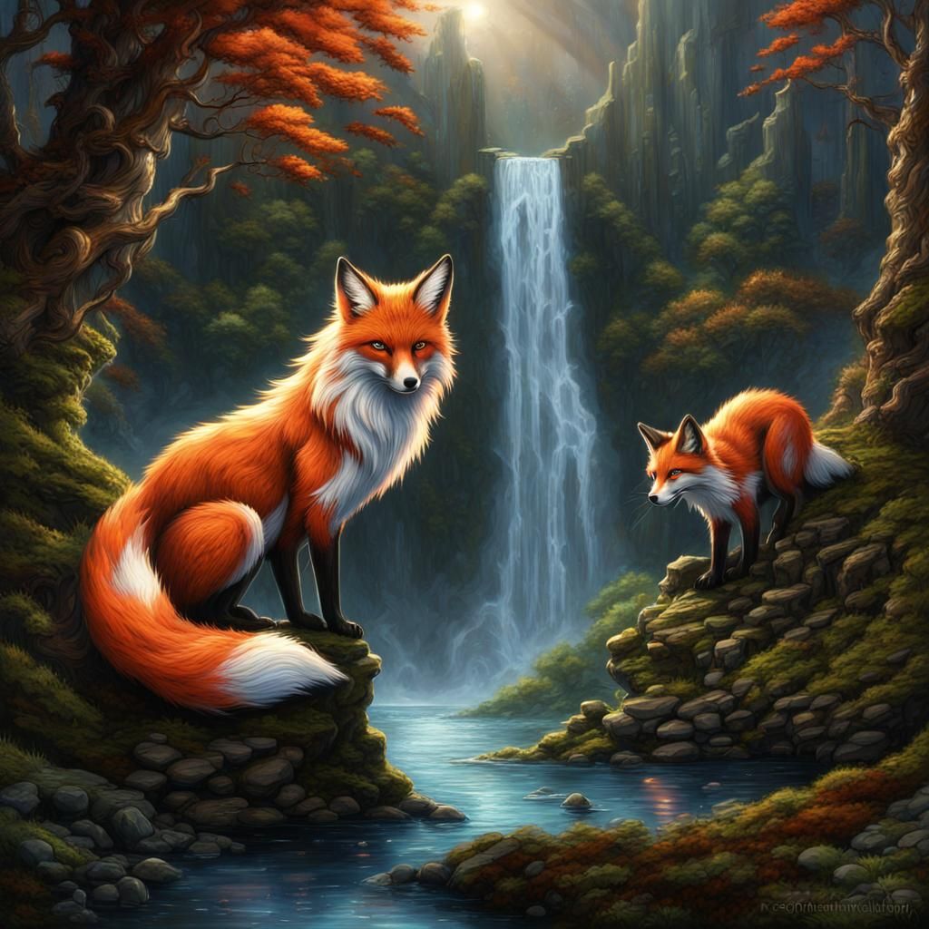 Mystical Nine-Tailed Fox in a Fantasy Landscape