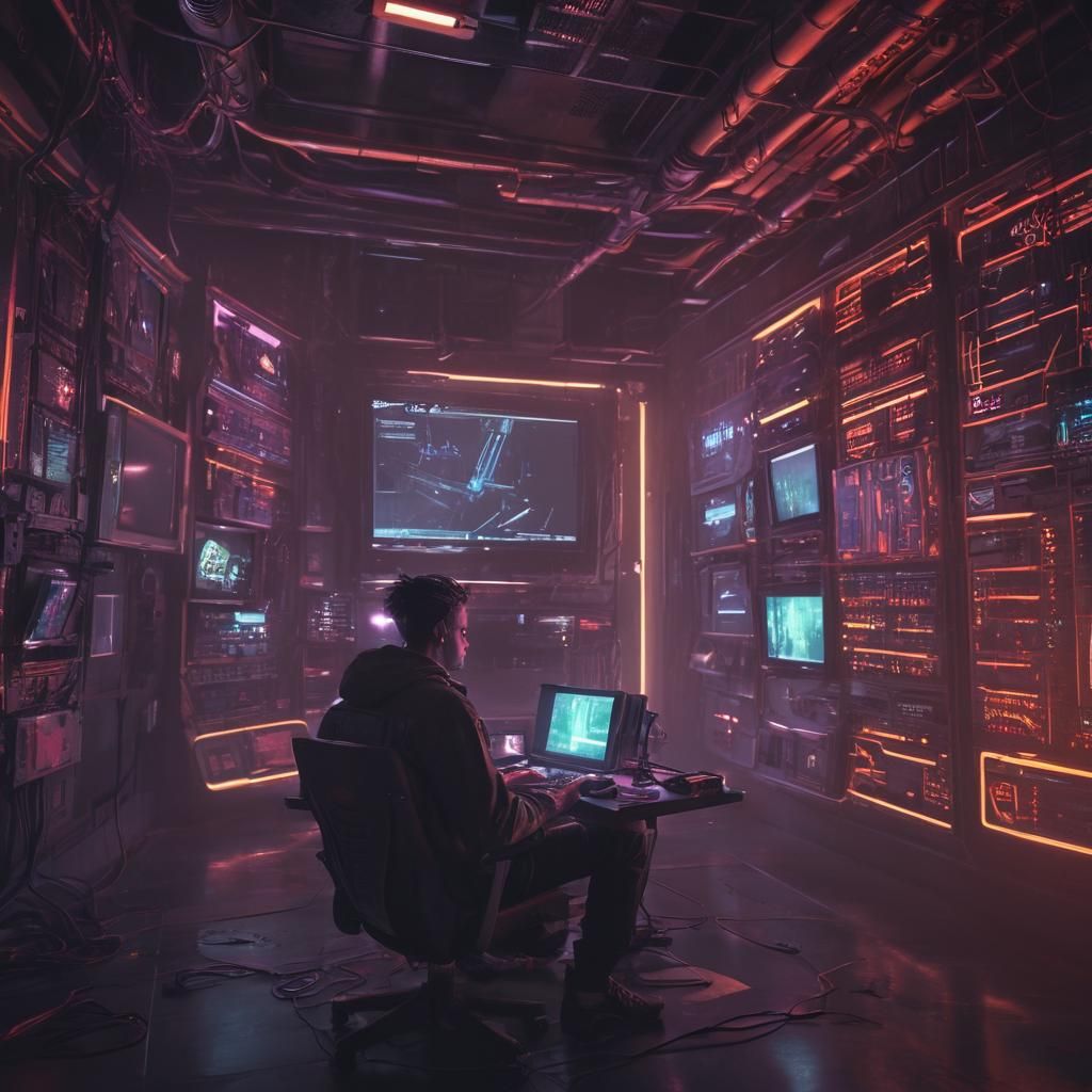Cyberpunk TV Room with Monitor Walls and Neon Glow