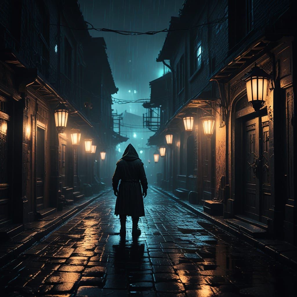 Viking Explorer in Misty Alleyway with Neon Accents