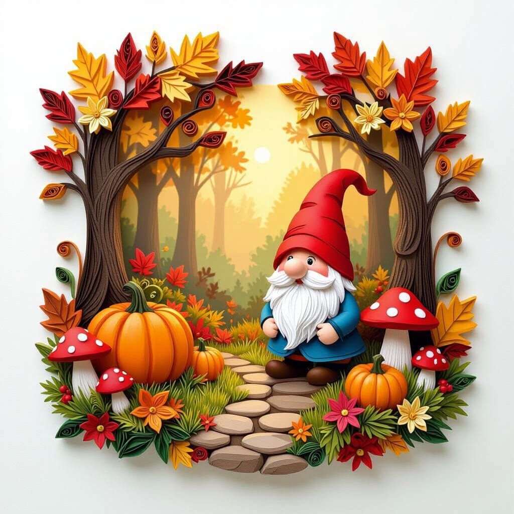 Whimsical Autumn Gnome in 3D Quilling Paper Art