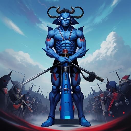 Blue Vacuum Cleaner Oni in Anime Style