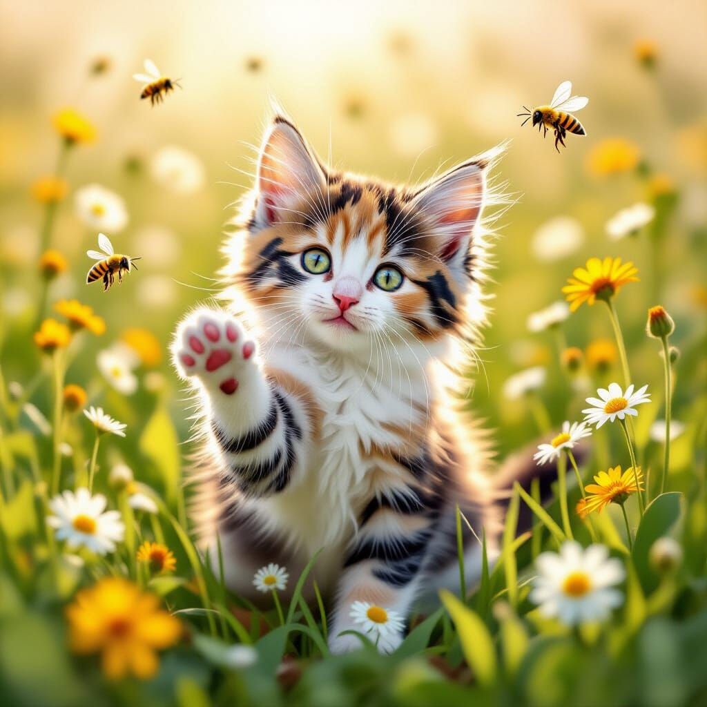 Calico Kitten Batting Sunbeams in Painterly Style