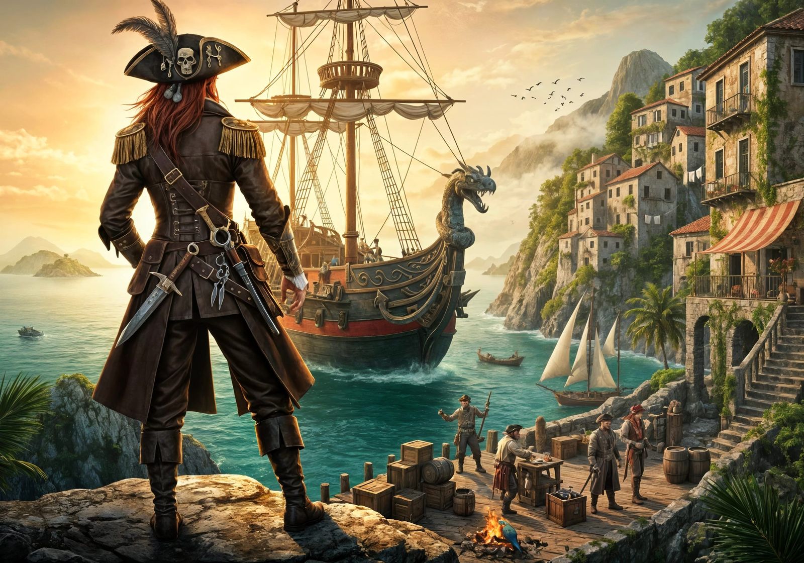 Pirate Captain at Sunset on Windswept Cliff