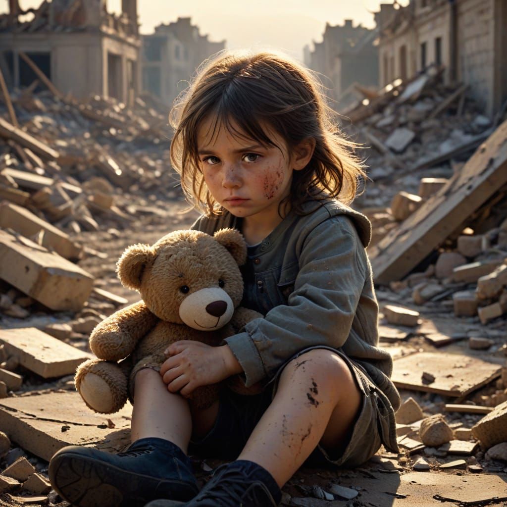 Child with Teddy in War-Torn Landscape: Oil Painting