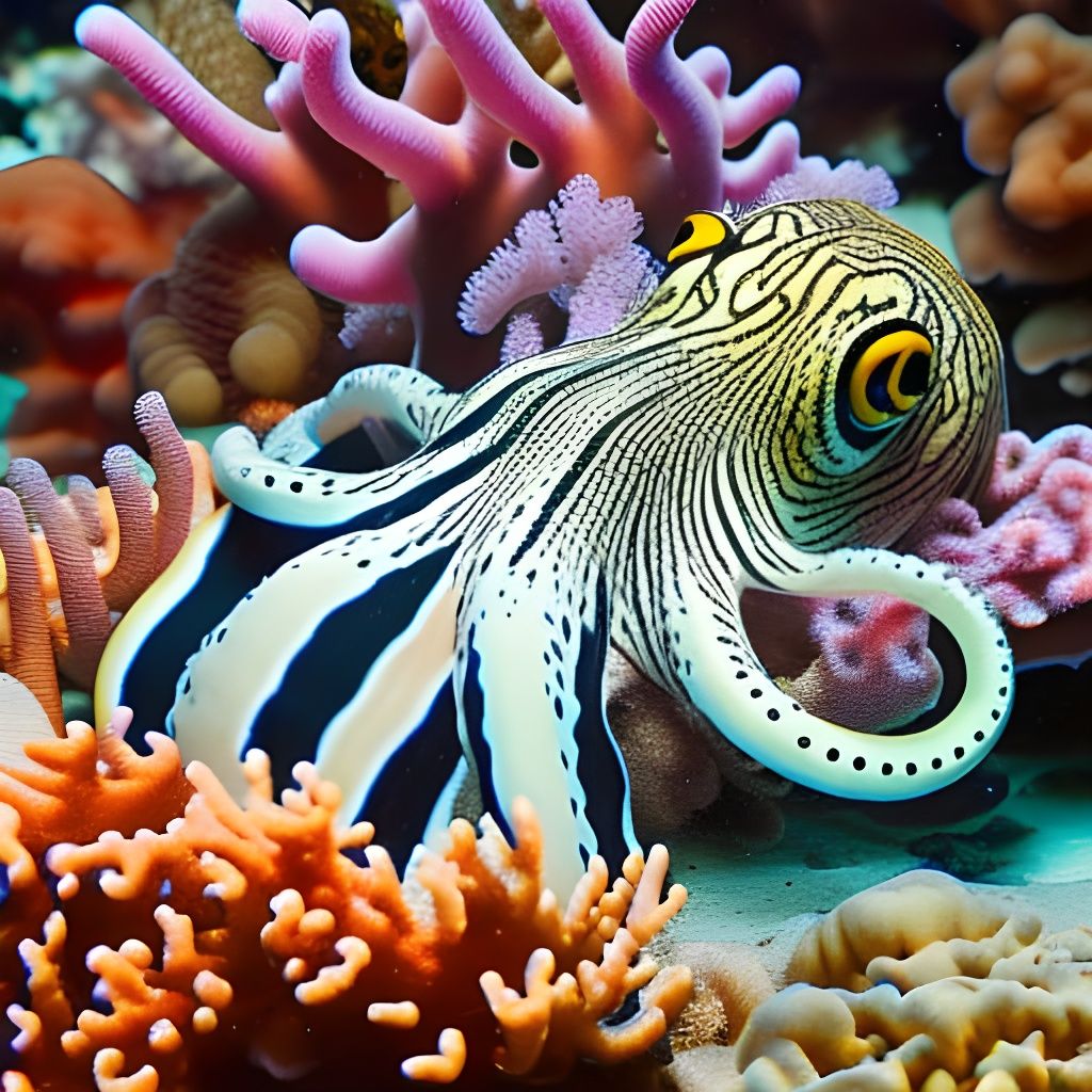 Striking Striped Octopus in Colorful Coral Reef