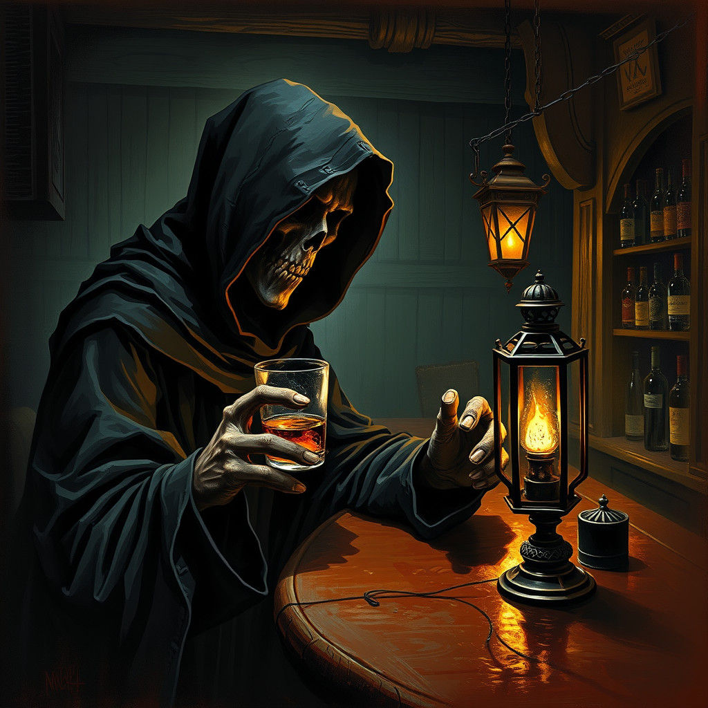 Brooding Grim Reaper in a Dimly Lit Bar