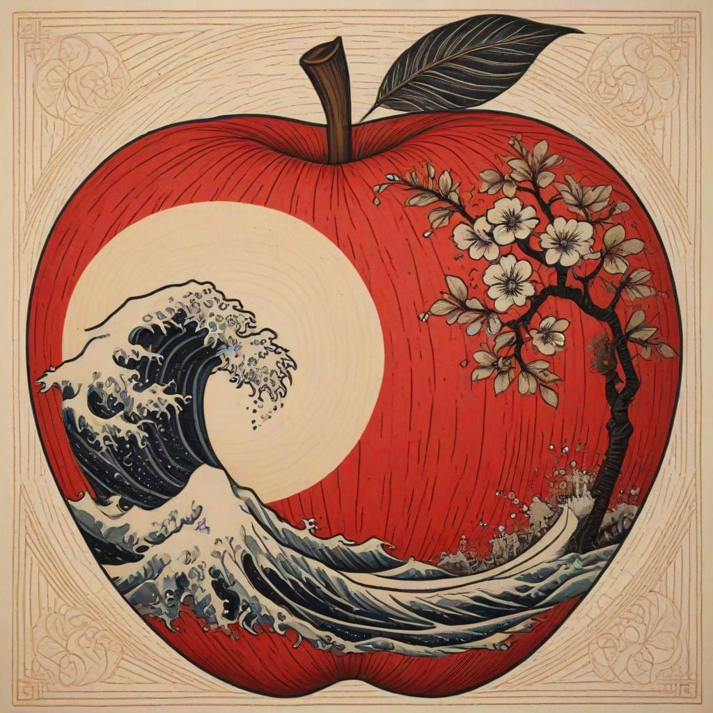 Wooden Apple with Traditional Japanese-Inspired Tattoo Desig...