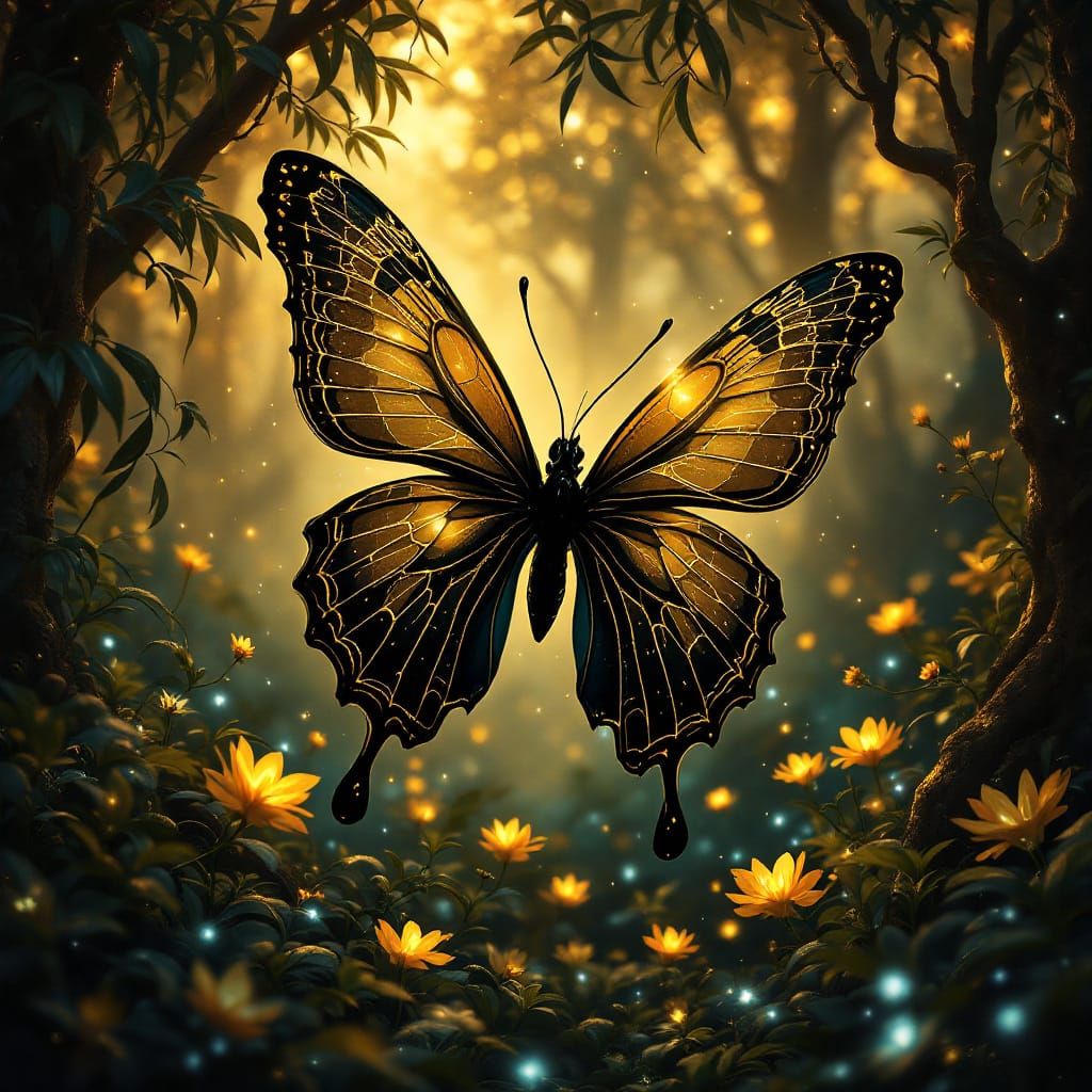 Magical Black Butterfly in Ethereal Forest