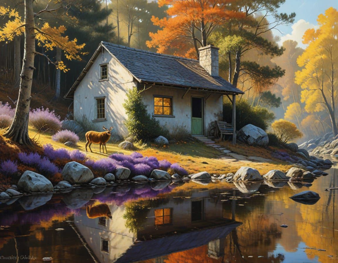 Autumn Landscape with Deer and Cabin in Vibrant Colors