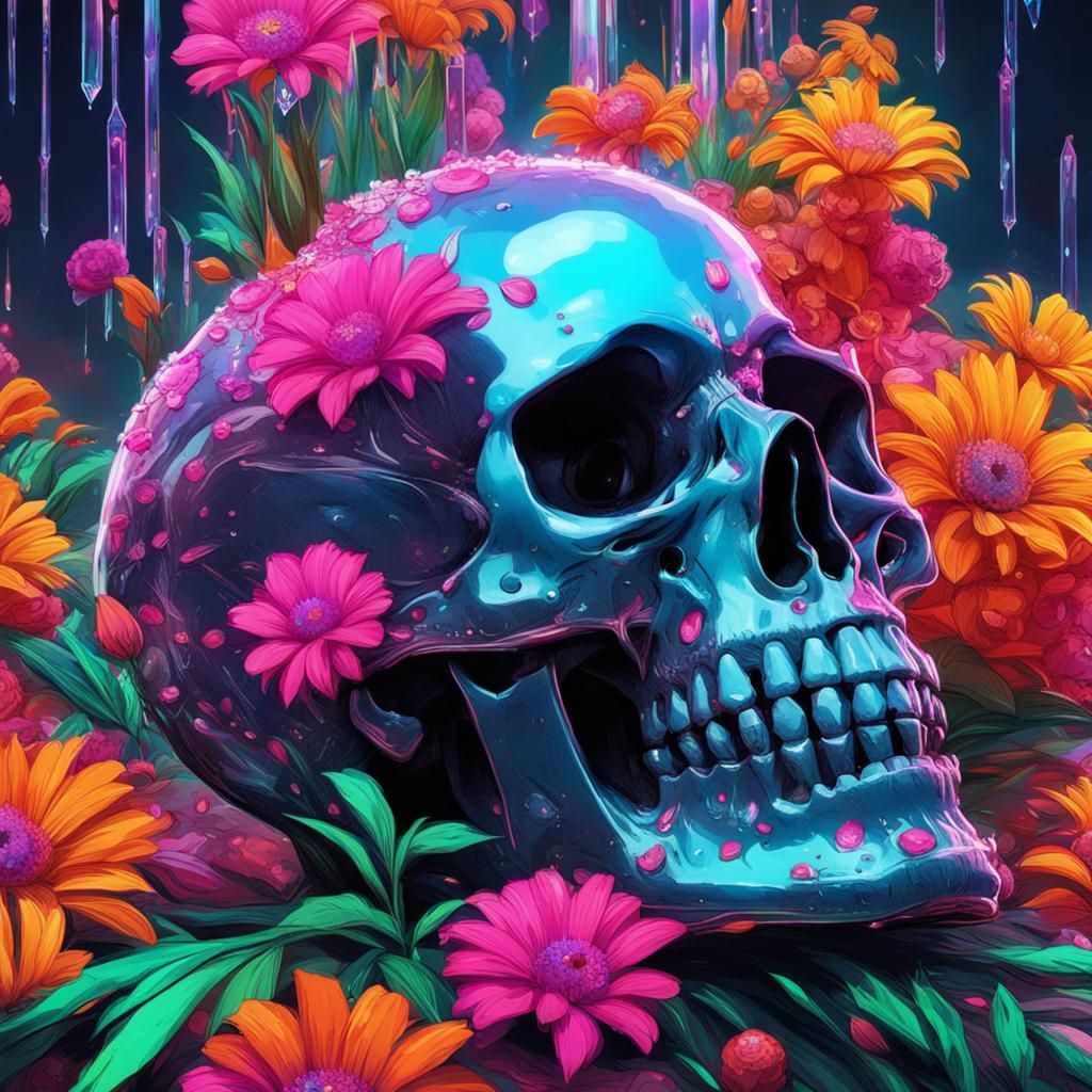 Crystal Skull with Dew Drops in Cyberpunk Style