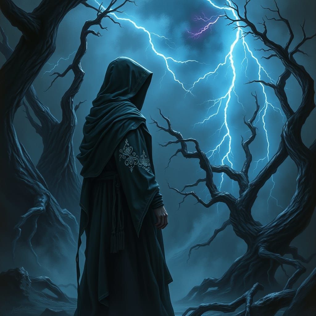Mystical Wizard in Stormy Forest, Eerie Digital Art