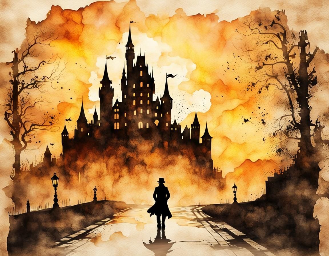 Scandinavian Castle Silhouette in Ink Painting Style