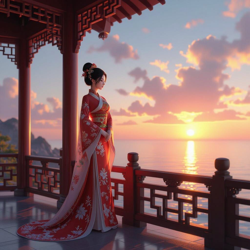 Woman in Traditional Attire Watches Peaceful Sunset Over Oce...