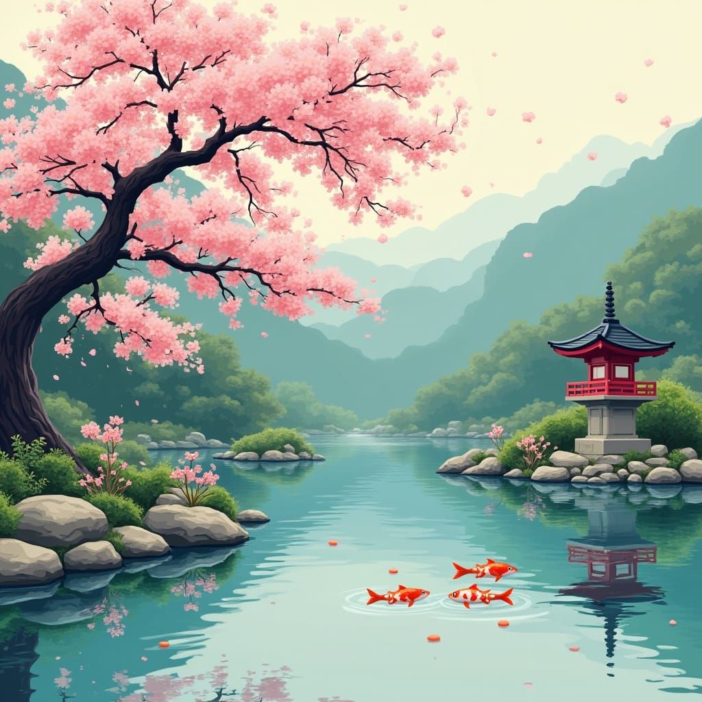 Serene Japanese Garden with Koi Pond in Woodblock Style