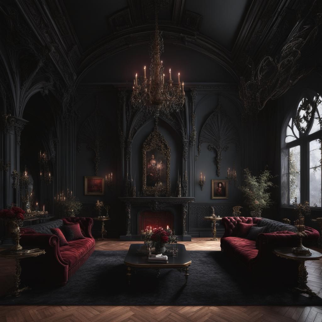 Elegant ethereal gothic living room with red walls and Red f...