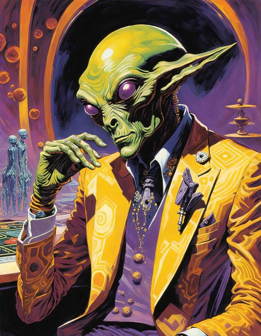 Alien Gambler in Galactic Casino, Retro Sci-Fi Art