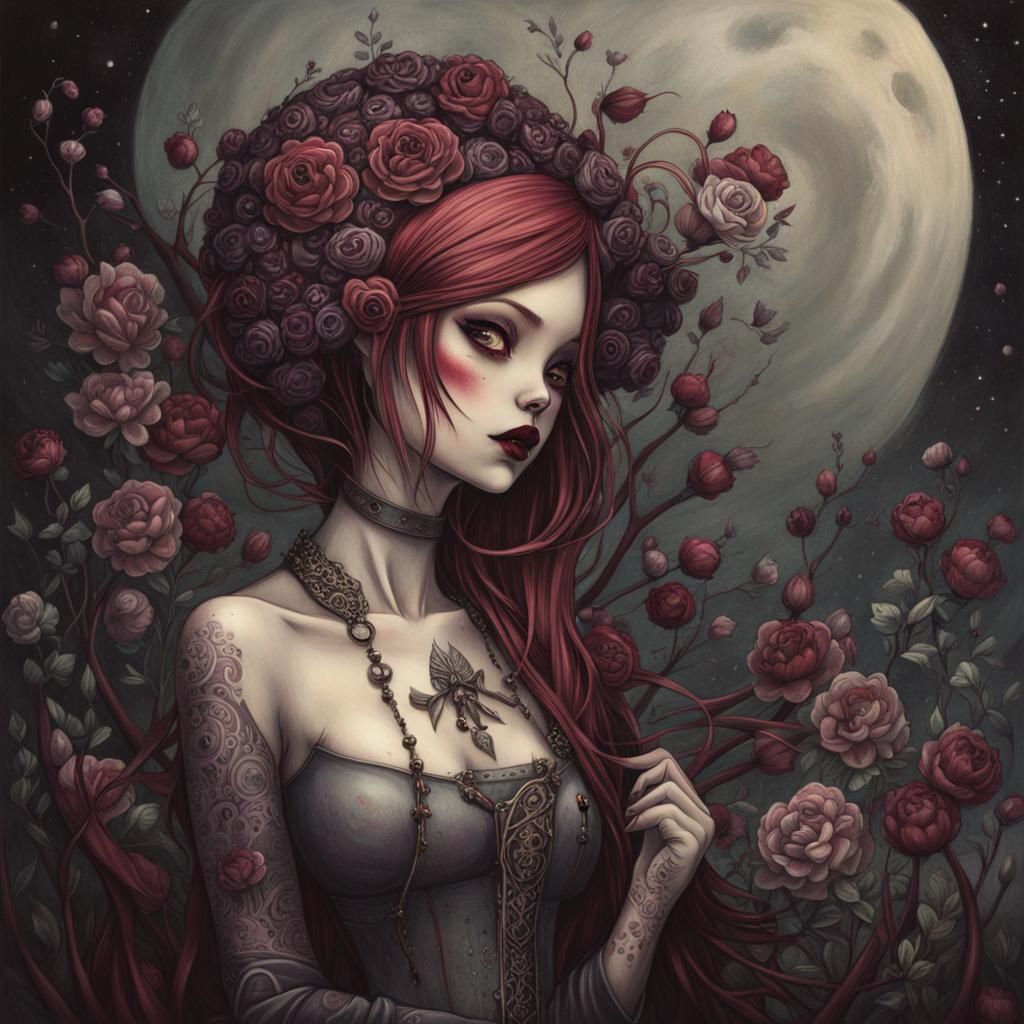 Goth Punk Girl with Freckles in Art Brut Style