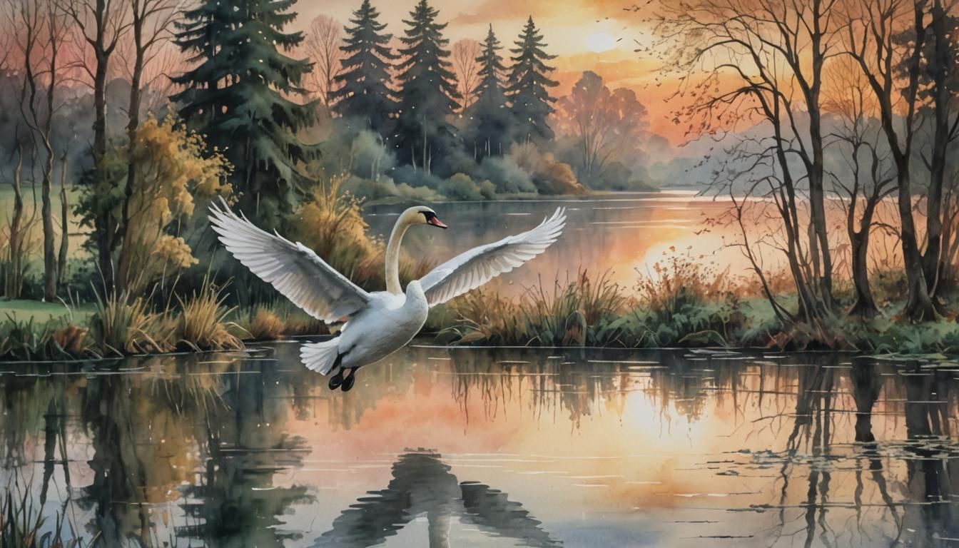 Swan Flying Over Lake at Sunset in Watercolour
