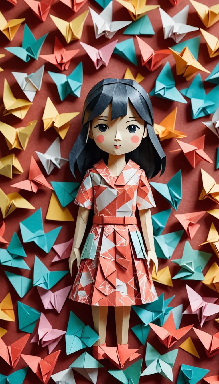 Girl Surrounded by Origami Papercraft