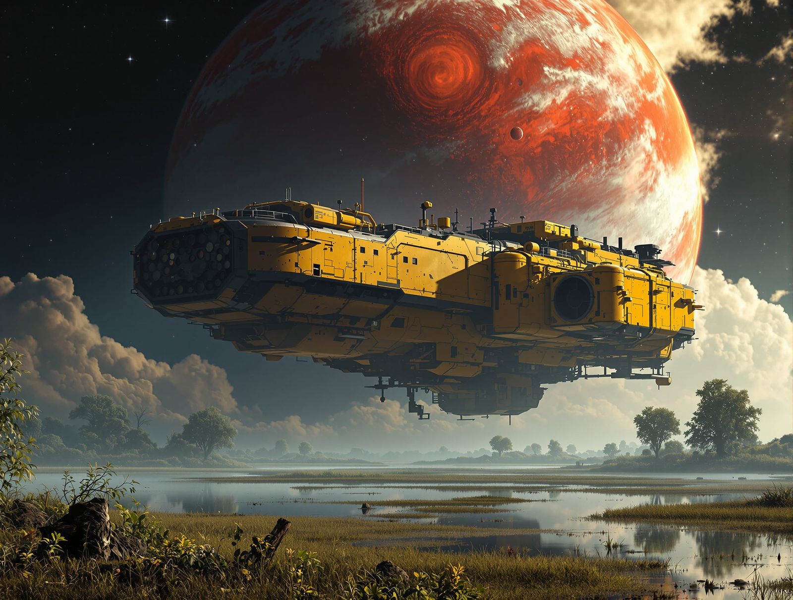 Massive Industrial Spaceship Over Misty Swamp