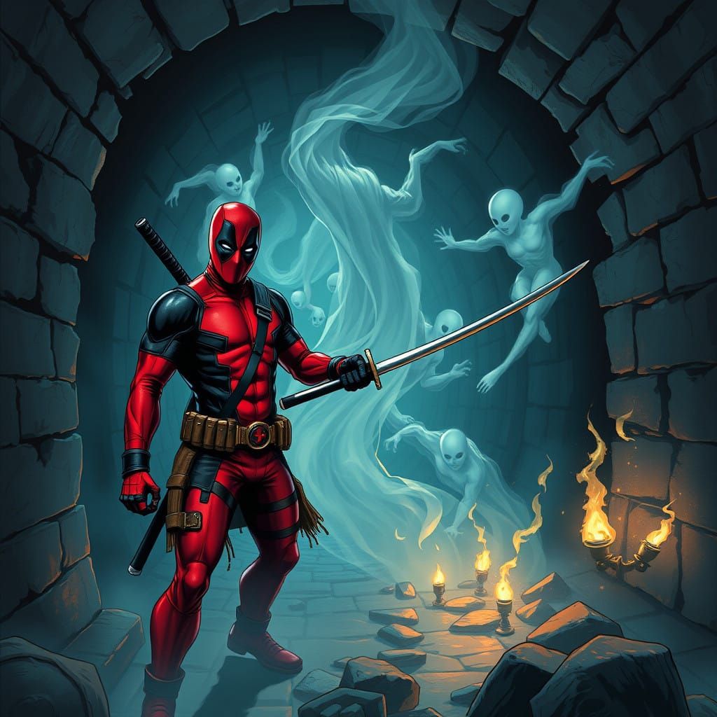 Deadpool Surrounded by Ghosts in Ancient Labyrinth