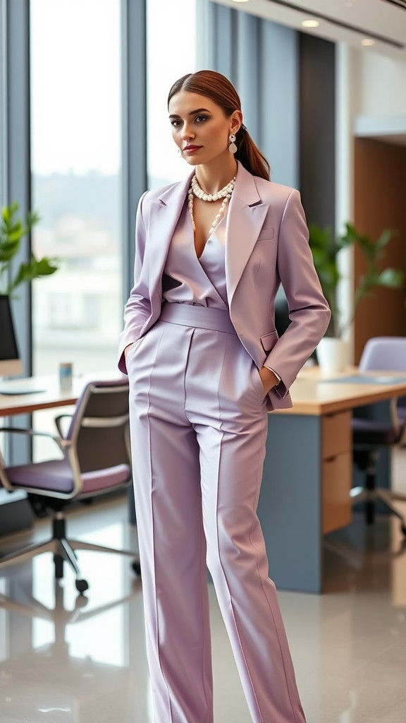 Elegant Woman in Lavender and Pink Outfit
