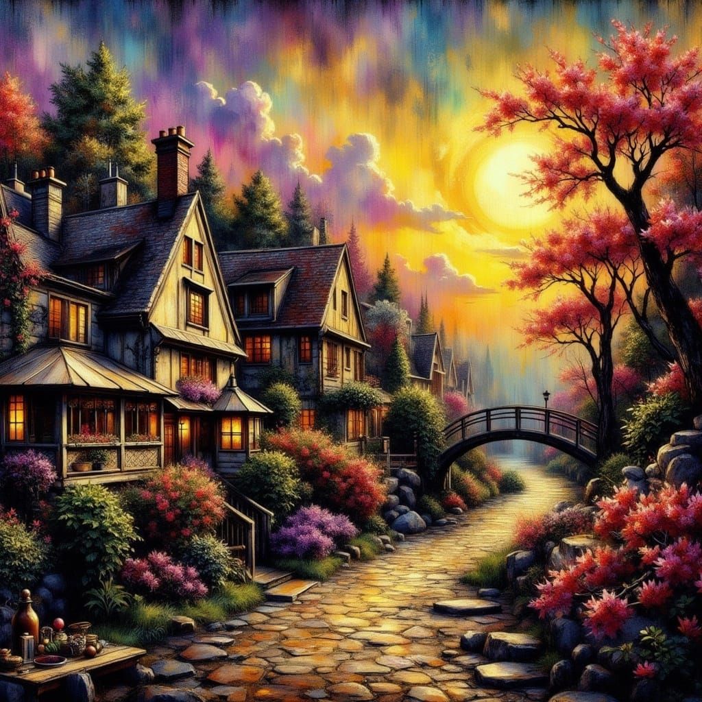 Moonlit English Village in Van Gogh Style