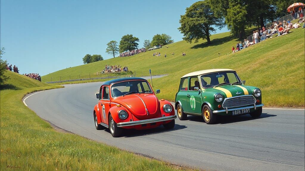 Vintage 1970s Car Race at Spa, Neo-Impressionist Style