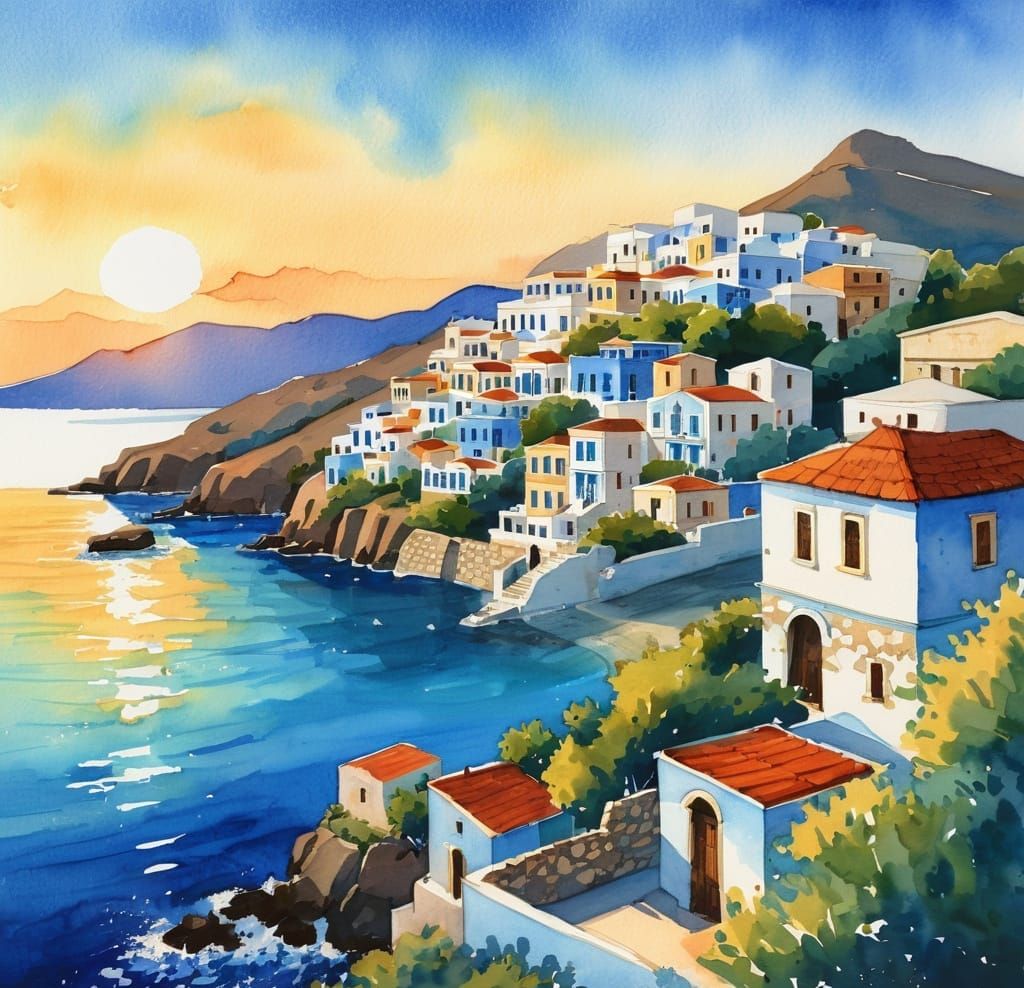 Greek Sunset with Blue Shutters in Gouache Style