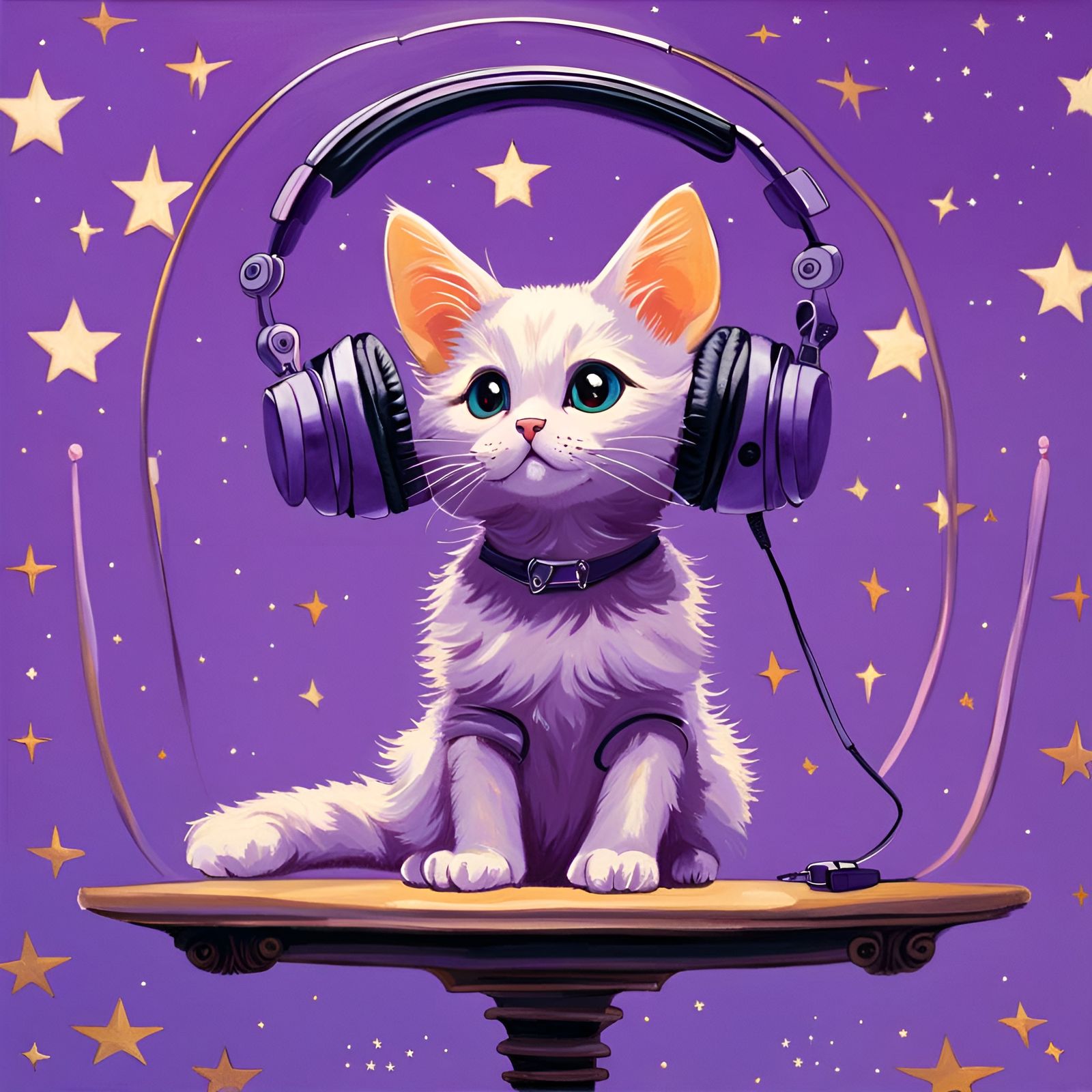 Anime Cat with Headphones: Oil Painting
