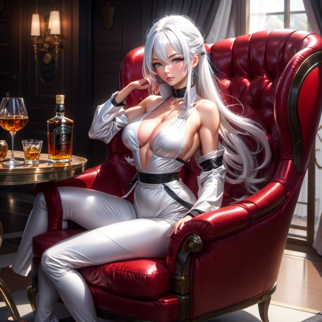 Woman with White Hair Drinking Whisky