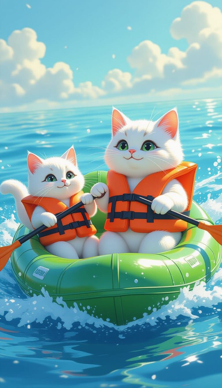 Two Cats in Life Jackets Row Boat on Calm Sea