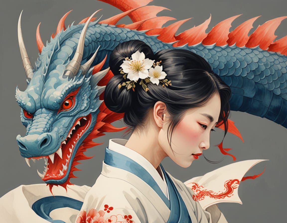 Woman and Dragon in Sumi-e Style