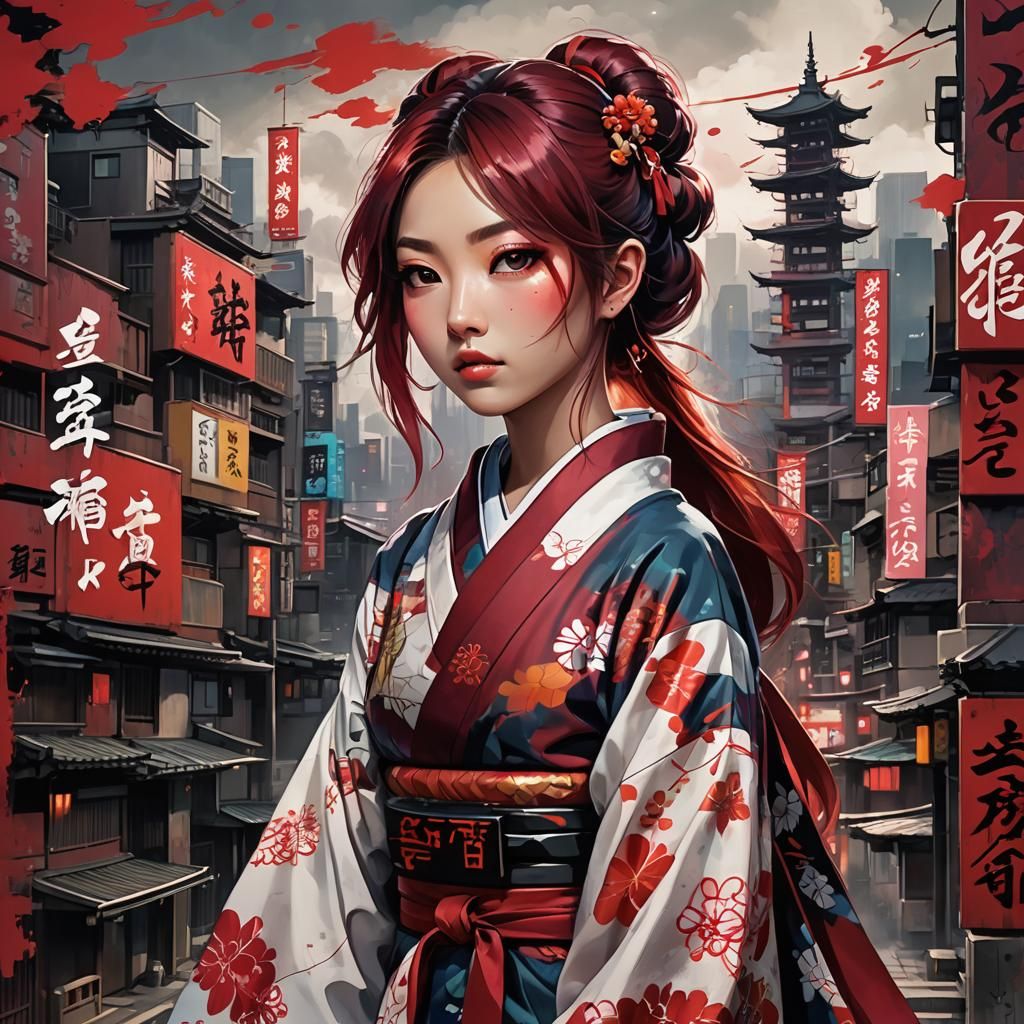 Anime Girl in Cityscape with Red Accents