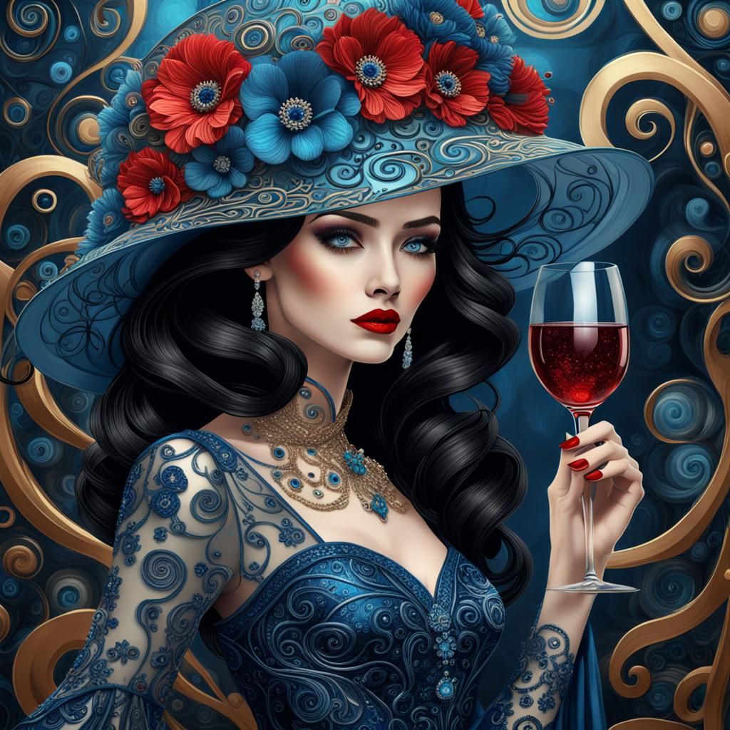 Elegant Woman with Red Hat in Klimt Style