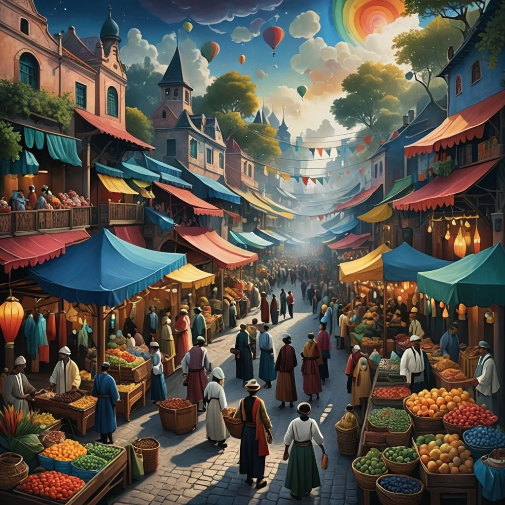 Vibrant Market in Henri Rousseau Style