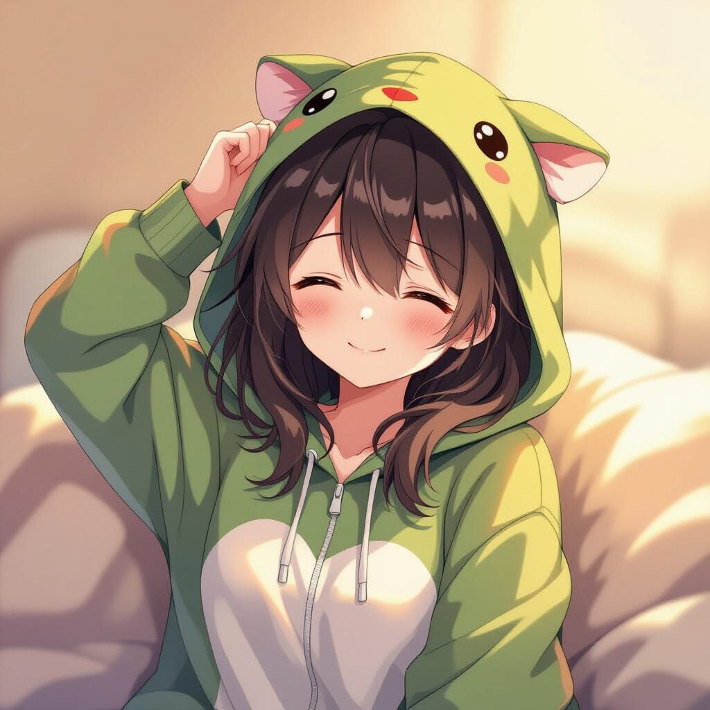 Adorable Character in Fish Hoodie Pajamas Stretching Lazily