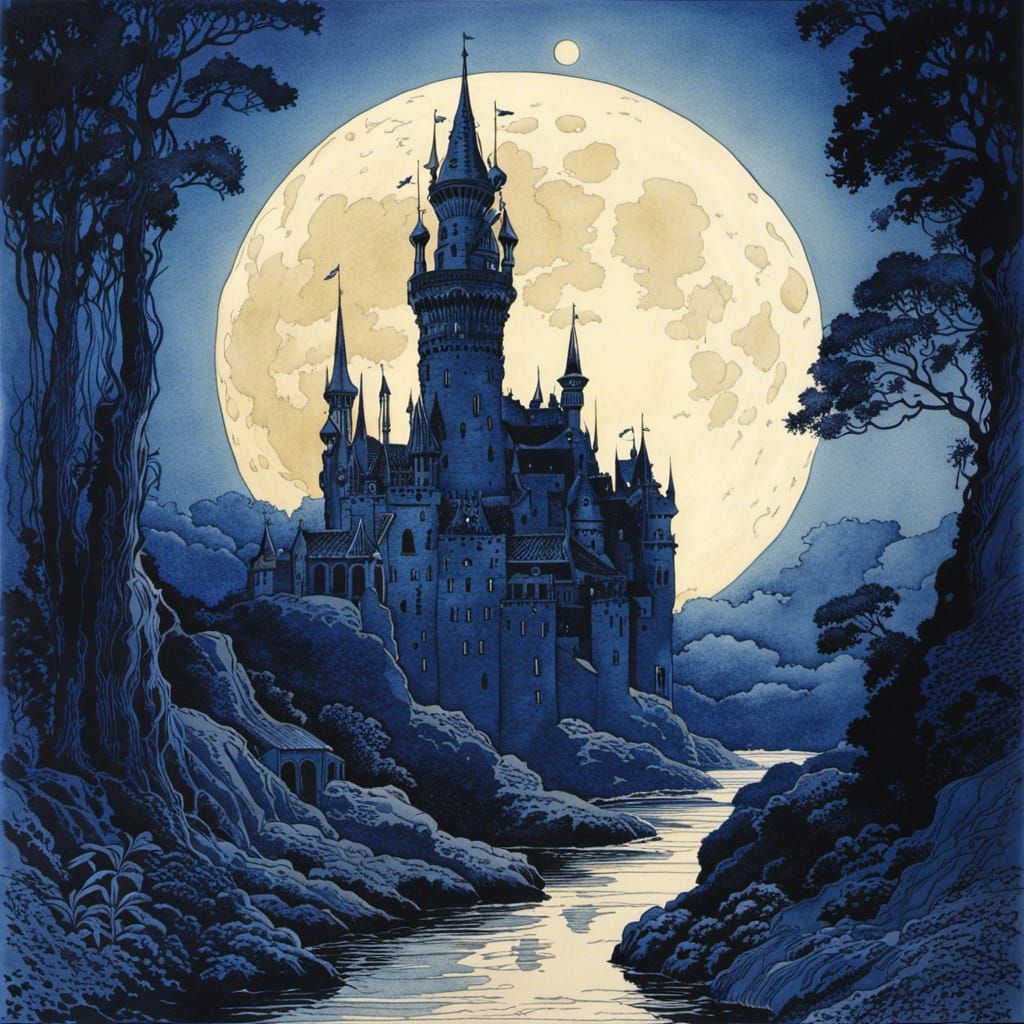 Art Nouveau Castle with Full Moon in Blue Ink