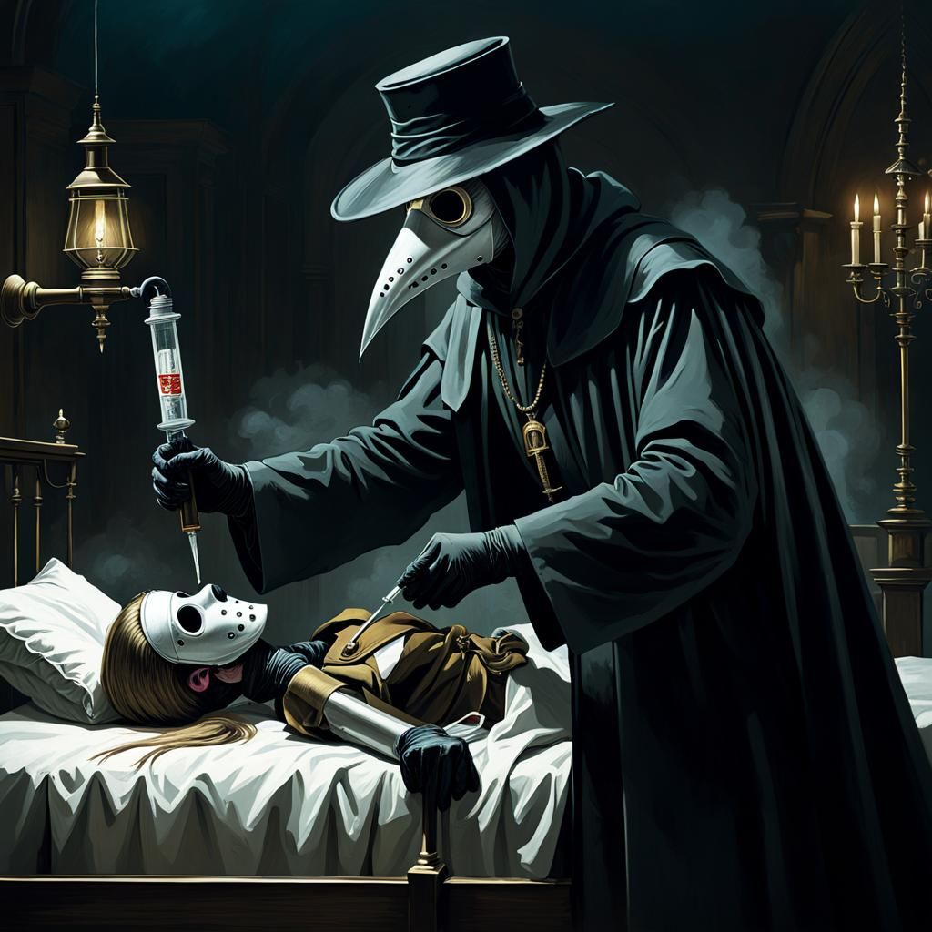 Ominous Plague Doctor with Syringe: Dark Fantasy Painting