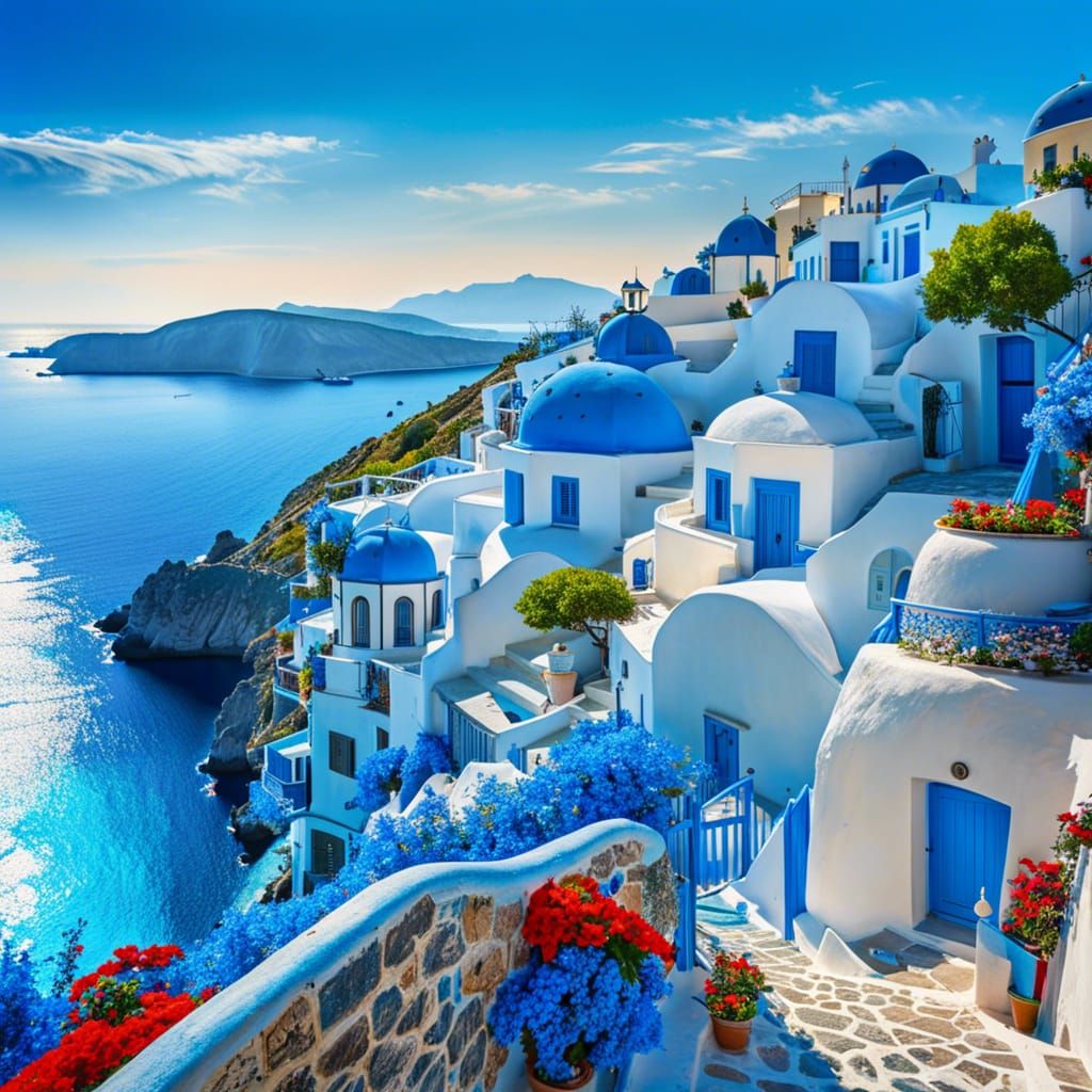 Blue Houses in Greece with Sailing Ships