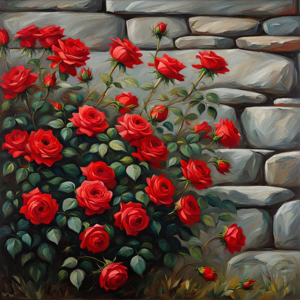 Red Roses Against Gray Stone Wall in Oil Painting